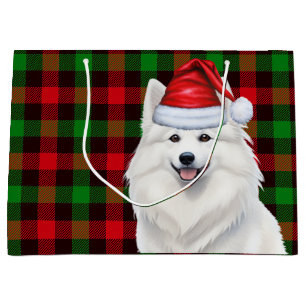Plaid American Eskimo Dog Holiday Large Gift Bag
