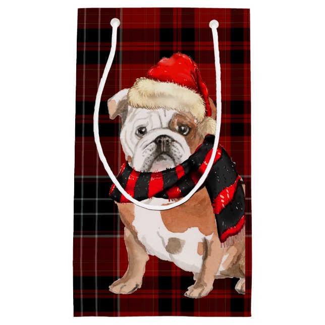 Plaid and an English Bulldog Christmas Dog Small Gift Bag (Front)