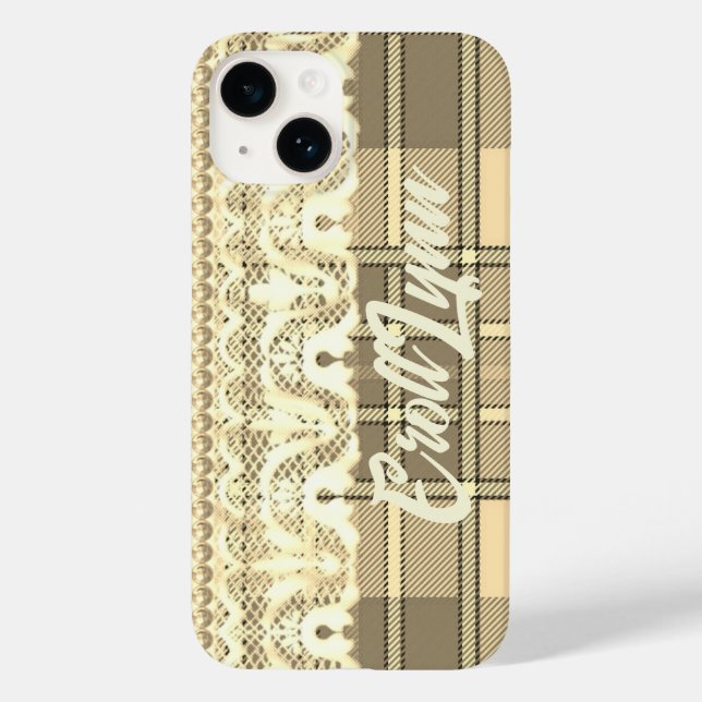 Plaid and lace cute feminine cream brown Case-Mate iPhone case (Back)