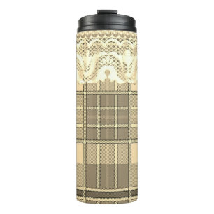 Plaid and lace gold and cream girly thermal tumbler
