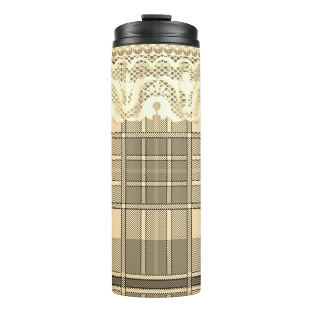 Plaid and lace gold and cream girly thermal tumbler (Front)