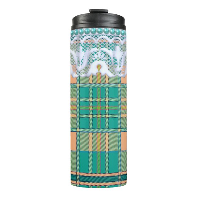 Plaid and lace green and peach cute girly thermal tumbler (Front)