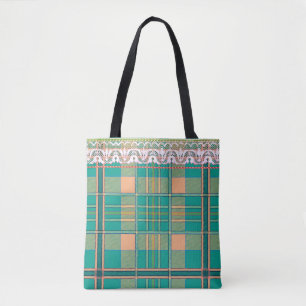 Plaid and lace green and peach tote bag