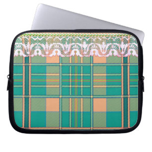 Plaid and lace green peach white lace look trim laptop sleeve