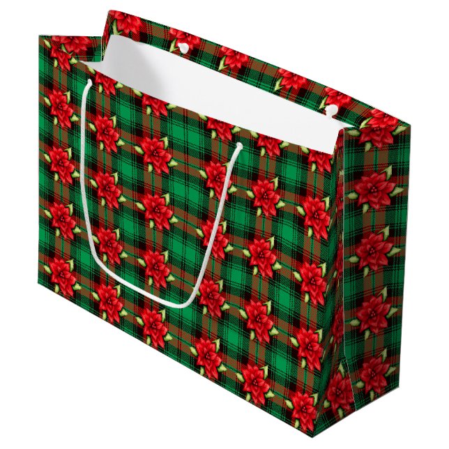 Plaid And Poinsettias Pattern Large Gift Bag (Front Angled)