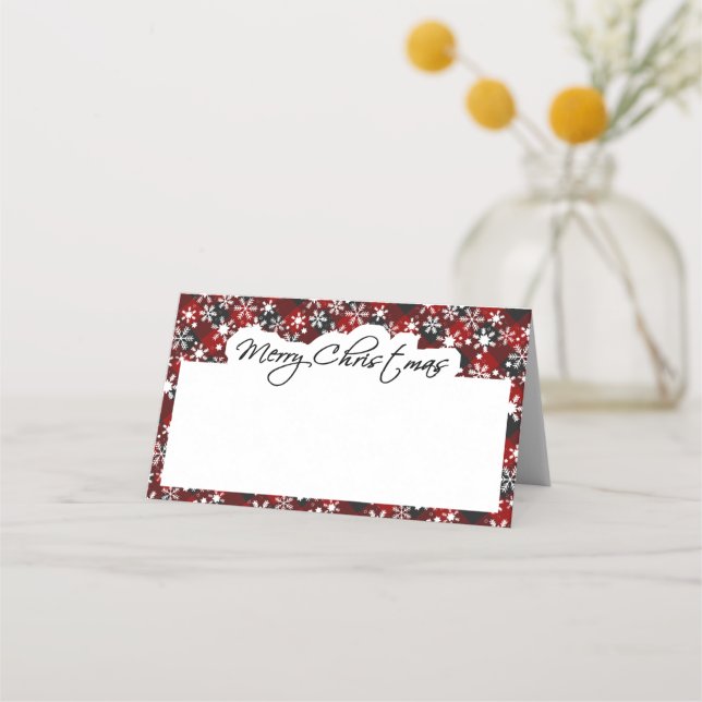 Plaid and snow Christmas Place Card (Front)