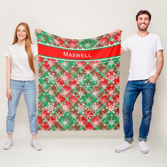 Plaid And Snowflakes Christmas Pattern 2 With Name Fleece Blanket (In Situ)
