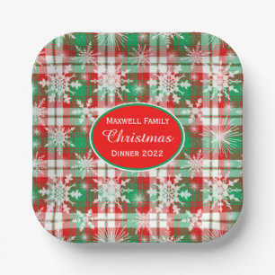 Plaid And Snowflakes Christmas Pattern 3 With Text Paper Plate