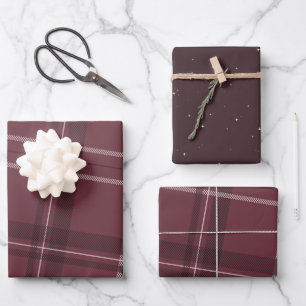 Plaid and stars classic holiday maroon wrapping paper sheet