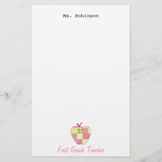 Plaid Apple First Grade Teacher Stationery (Front)