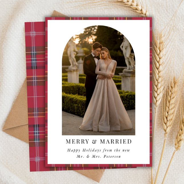 Plaid Arch Photo Newlywed Christmas Merry Married Holiday Card (Creator Uploaded)