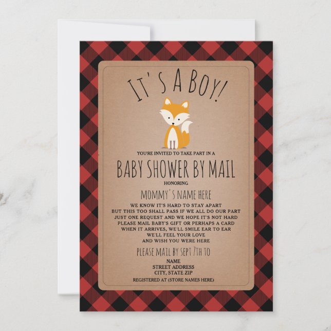 Plaid Baby Shower By Mail Social Distancing Fox Invitation (Front)