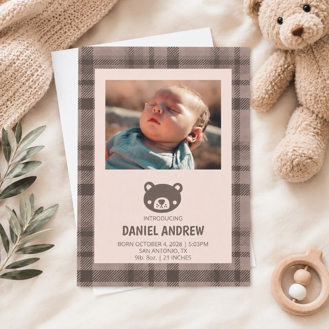 Plaid Bear Baby Birth Announcement (Bear Photo Birth Announcement)