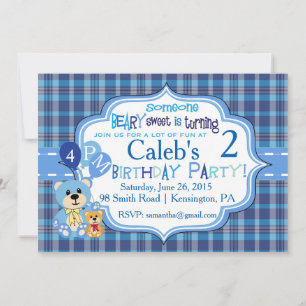 Plaid Bear Birthday Invitation