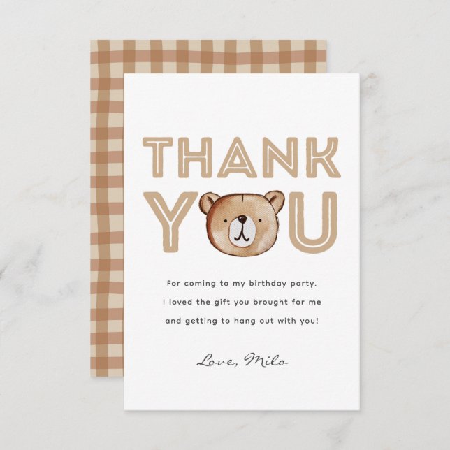 Plaid Bear Birthday Thank You Card (Front/Back)