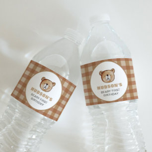 Plaid Bear Birthday Water Bottle Label