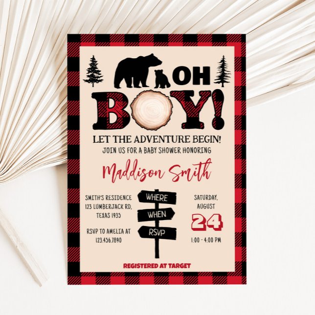 Plaid Bear Cub Lumberjack Baby Shower Invitation (Bear Cub Plaid Lumberjack Baby Shower Invitation)