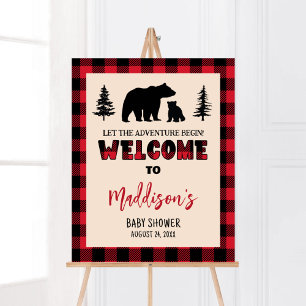 Plaid Bear Cub Lumberjack Baby Shower Welcome Poster