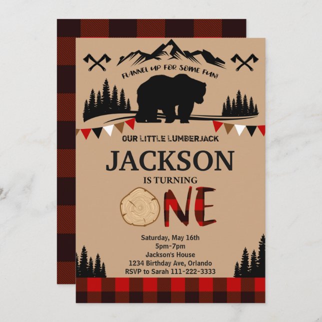 Plaid Bear Lumberjack Boys 1st Birthday Invitation (Front/Back)
