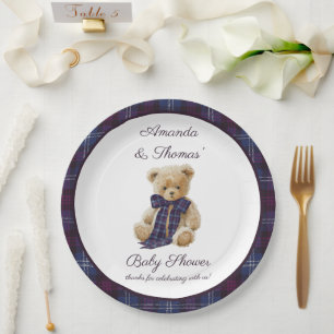 Plaid Bear Themed Baby Shower  Paper Plate