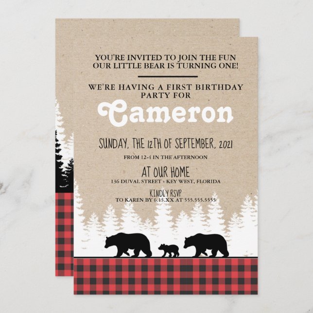 Plaid Bears 1st Birthday Party Invitation (Front/Back)