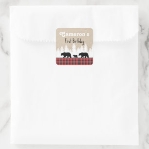 Plaid Bears Birthday Party Square Sticker