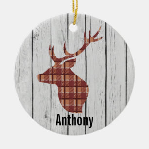 Plaid Big Buck/ Deer Head On Faux Grey Wood Ceramic Tree Decoration