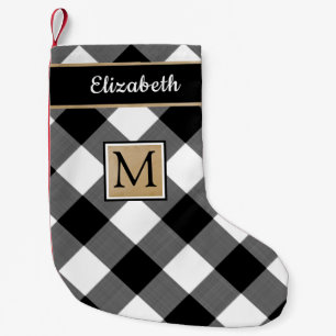 Plaid Black and White Buffalo Check Monogram Small Christmas Stocking