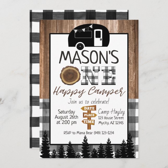 Plaid black and white One Happy Camper Boy Camping Invitation (Front/Back)