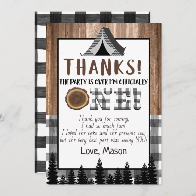 Plaid black and white One Happy Camper Thank You Invitation (Front/Back)