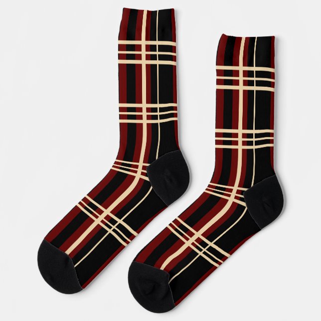 Plaid Black, Dark Red, Cream, Crew Socks (Left)