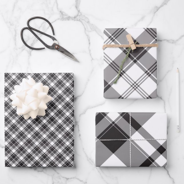  Plaid Black White and Grey Wrapping Paper Sheet (Front)