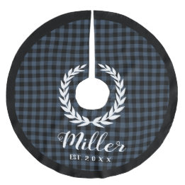 Plaid Blue Holiday Name + Year Christmas Brushed Polyester Tree Skirt