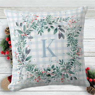 Plaid Blue Monogram Greenery  Christmas Wreath Cushion