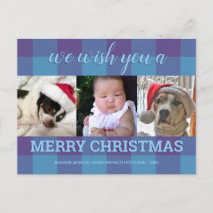 Plaid Blue Purple 3 Photo Collage Christmas Postcard