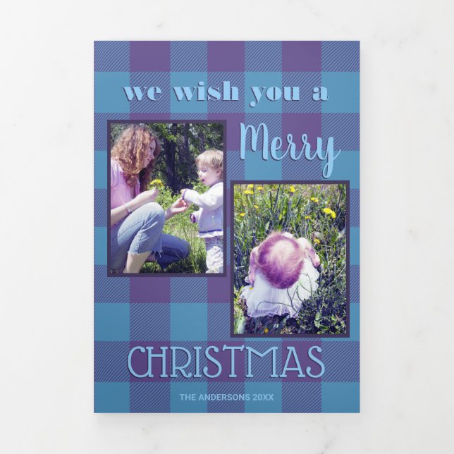Plaid Blue Purple Chic Rustic Country 4 Photo Tri-Fold Holiday Card (Cover)