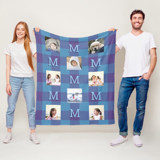 Plaid Blue Purple Cool Monogram 8 Photo Fleece Blanket (In Situ)