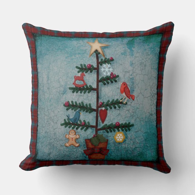 Plaid Border | Folk Art Christmas Tree Cushion (Front)