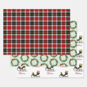 Plaid + Botanical Wreath Vintage Sleigh Christmas Wrapping Paper Sheet