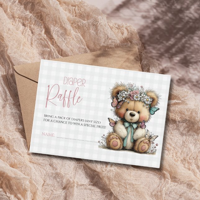 Plaid Bow Teddy Daisy Baby Shower Diaper Raffle Enclosure Card (Creator Uploaded)