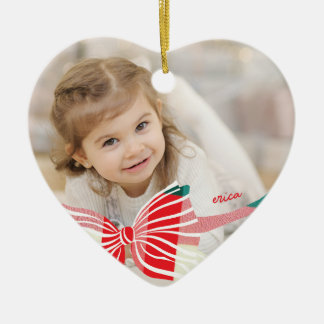 Plaid Bow Yearly Keepsake Photo Christmas Heart Ceramic Tree Decoration