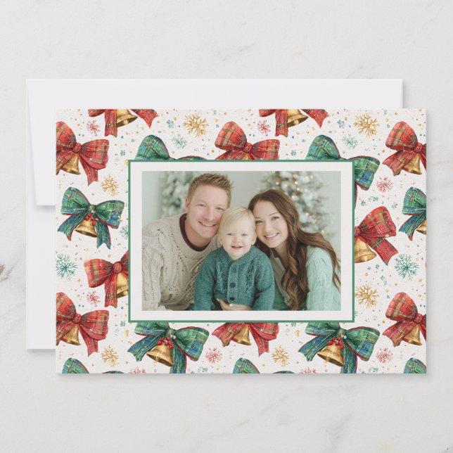 Plaid Bows Bells Photo Christmas Card (Front)