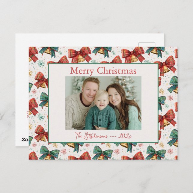 Plaid Bows Bells Photo Christmas Postcard (Front/Back)