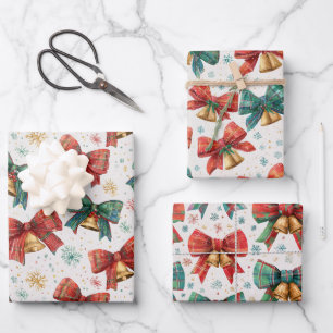 Plaid Bows Bells Retro Christmas Wrapping Paper Sheet