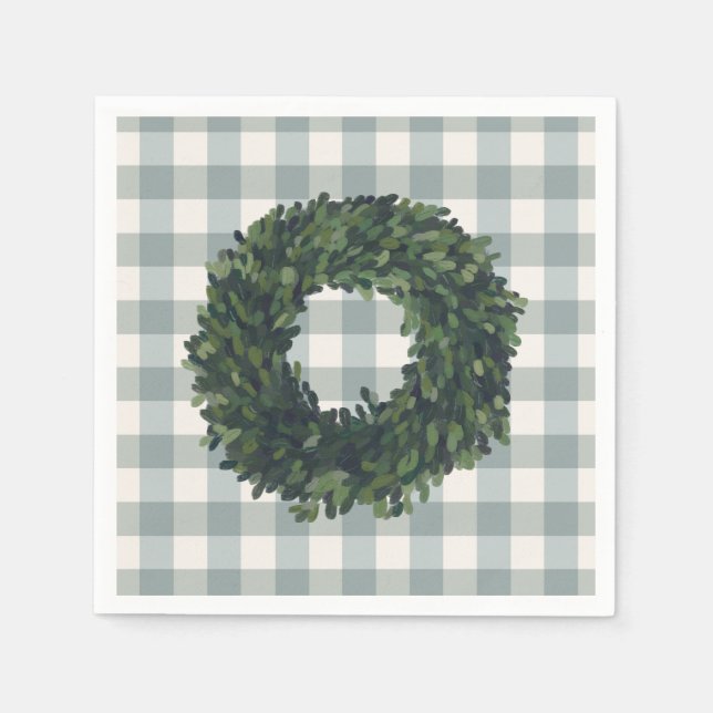 Plaid Boxwood Wreath Stylish Farmhouse Country Napkin (Front)