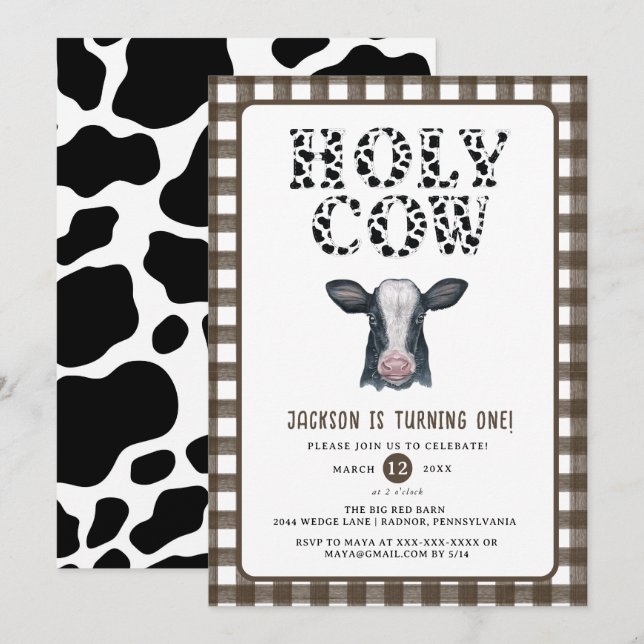 Plaid Boy Holy Cow First Birthday Invitation (Front/Back)