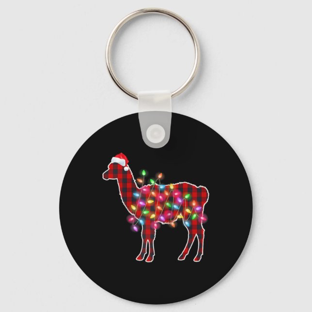Plaid Buffalo Llama Christmas Pajamas Xmas Lights  Key Ring (Front)