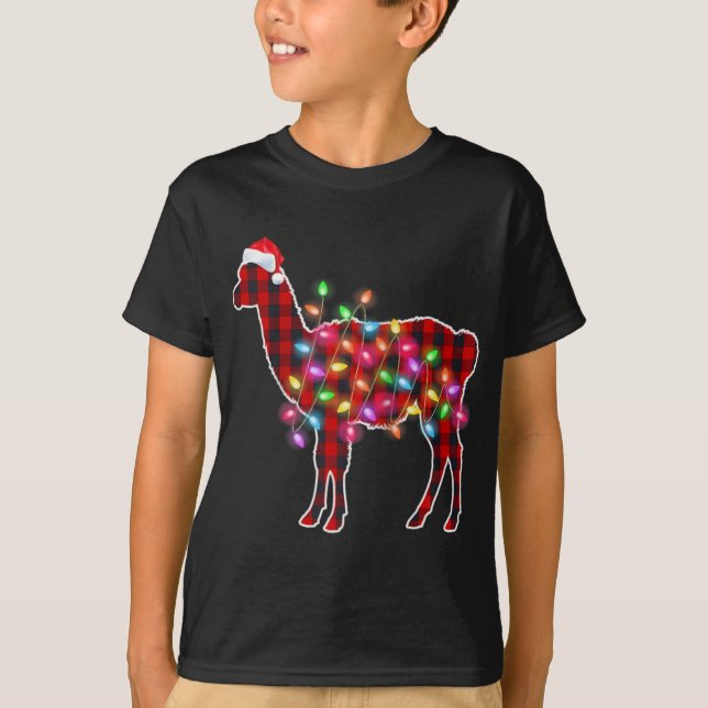 Plaid Buffalo Llama Christmas Pajamas Xmas Lights  T-Shirt (Front)