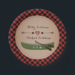 Plaid Canoe   Arrows Rustic Wedding Paper Plate<br><div class="desc">Plates featuring an illustration of a canoe and a heart between two arrows.  Background is red and black plaid.</div>