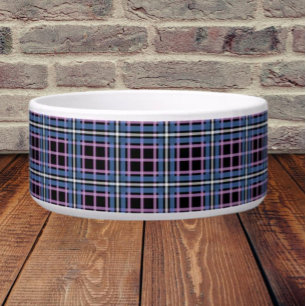 Plaid Ceramic Pet Bowl – Blue & Lavender Chequered